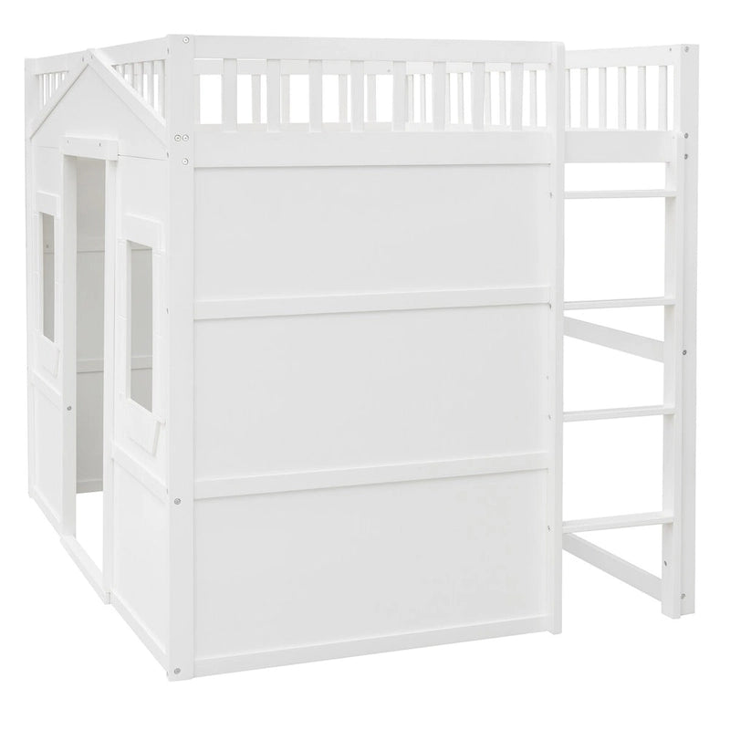 Full Size Creativity House Bed Wooden Loft Bed with Built-In Ladder and Underbed Storage Space, Full-Length Guardrail