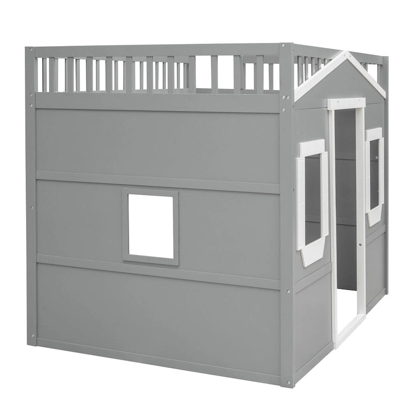 Full Size Creativity House Bed Wooden Loft Bed with Built-In Ladder and Underbed Storage Space, Full-Length Guardrail