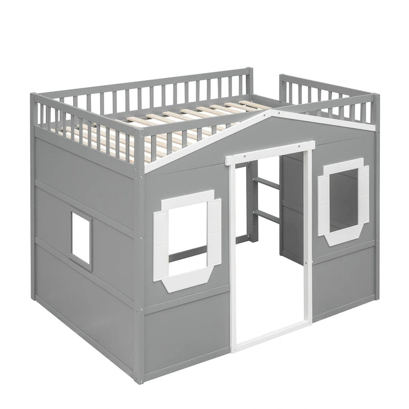Full Size Creativity House Bed Wooden Loft Bed with Built-In Ladder and Underbed Storage Space, Full-Length Guardrail