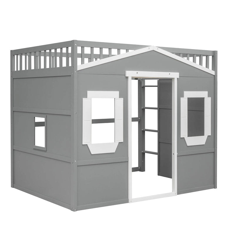 Full Size Creativity House Bed Wooden Loft Bed with Built-In Ladder and Underbed Storage Space, Full-Length Guardrail