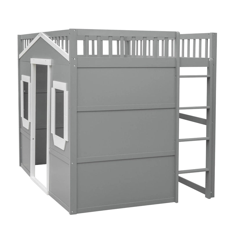 Full Size Creativity House Bed Wooden Loft Bed with Built-In Ladder and Underbed Storage Space, Full-Length Guardrail