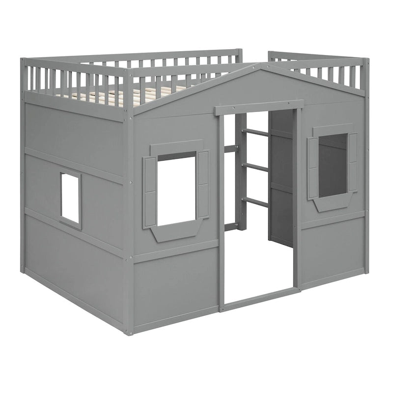 Full Size Creativity House Bed Wooden Loft Bed with Built-In Ladder and Underbed Storage Space, Full-Length Guardrail
