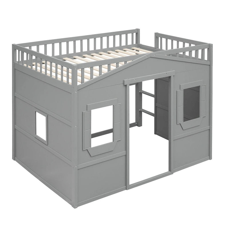 Full Size Creativity House Bed Wooden Loft Bed with Built-In Ladder and Underbed Storage Space, Full-Length Guardrail