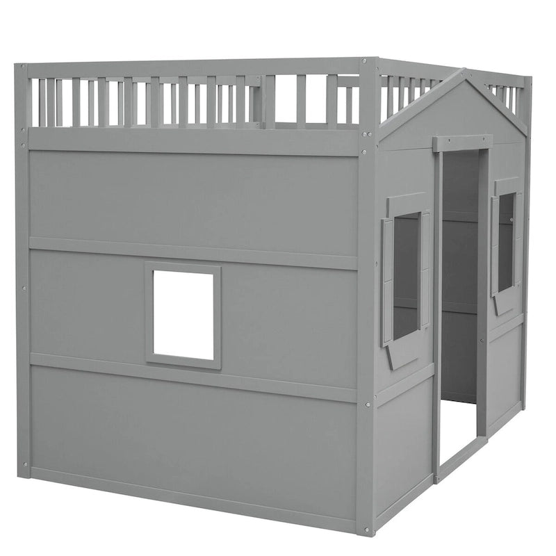 Full Size Creativity House Bed Wooden Loft Bed with Built-In Ladder and Underbed Storage Space, Full-Length Guardrail