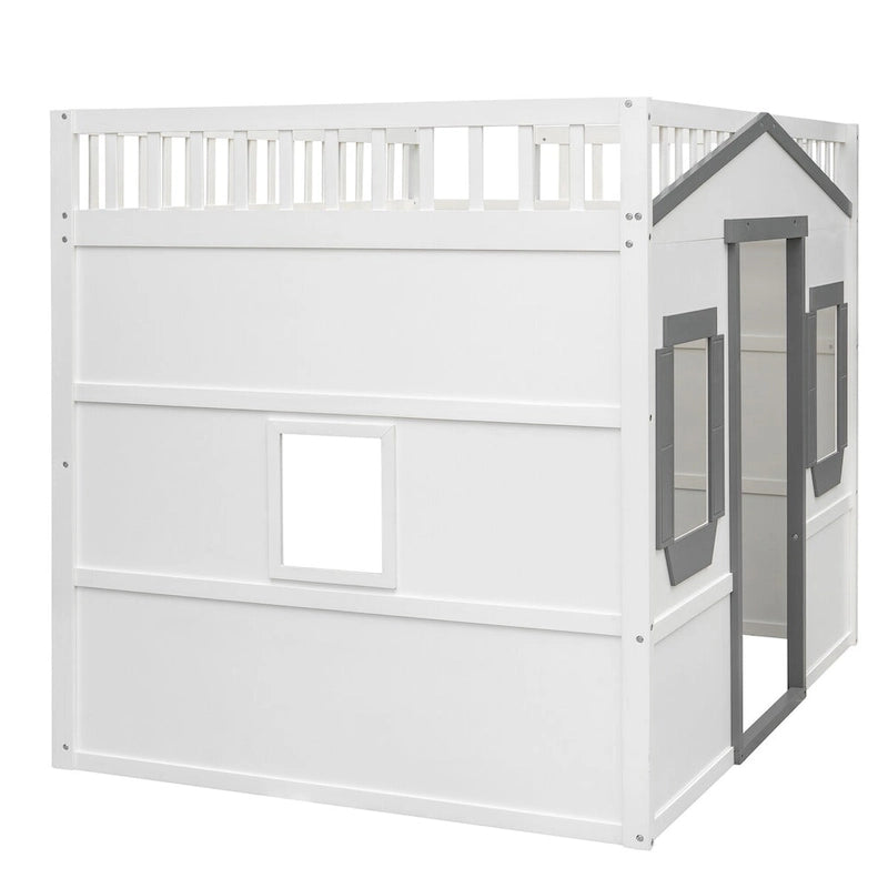 Full Size Creativity House Bed Wooden Loft Bed with Built-In Ladder and Underbed Storage Space, Full-Length Guardrail