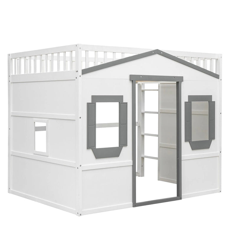 Full Size Creativity House Bed Wooden Loft Bed with Built-In Ladder and Underbed Storage Space, Full-Length Guardrail