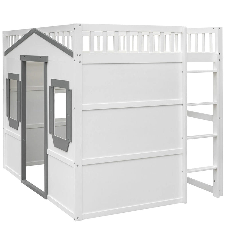 Full Size Creativity House Bed Wooden Loft Bed with Built-In Ladder and Underbed Storage Space, Full-Length Guardrail