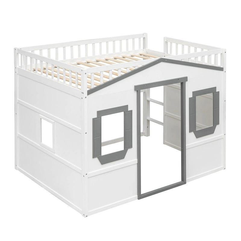 Full Size Creativity House Bed Wooden Loft Bed with Built-In Ladder and Underbed Storage Space, Full-Length Guardrail