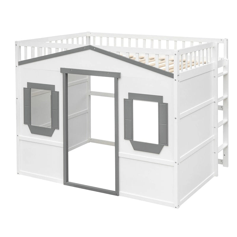 Full Size Creativity House Bed Wooden Loft Bed with Built-In Ladder and Underbed Storage Space, Full-Length Guardrail