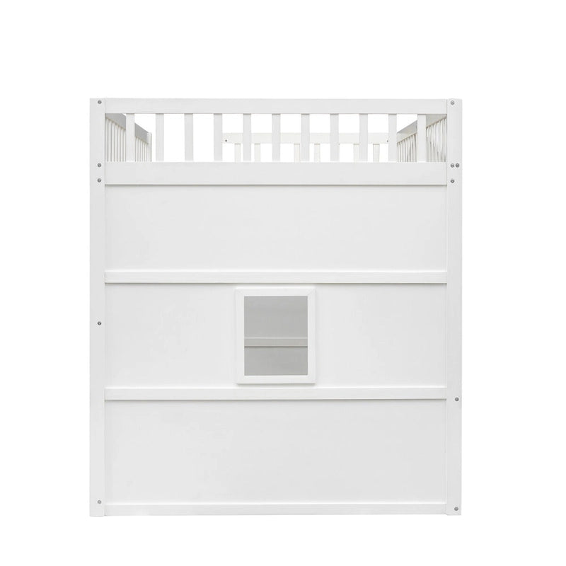 Full Size Creativity House Bed Wooden Loft Bed with Built-In Ladder and Underbed Storage Space, Full-Length Guardrail