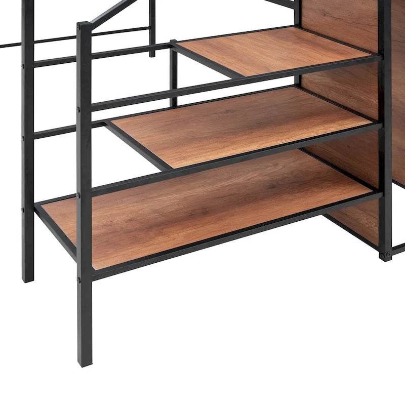 Full Size Metal Loft Bed with Desk and Metal Grid, Stylish Metal Frame Bed with Lateral Storage Ladder and Wardrobe