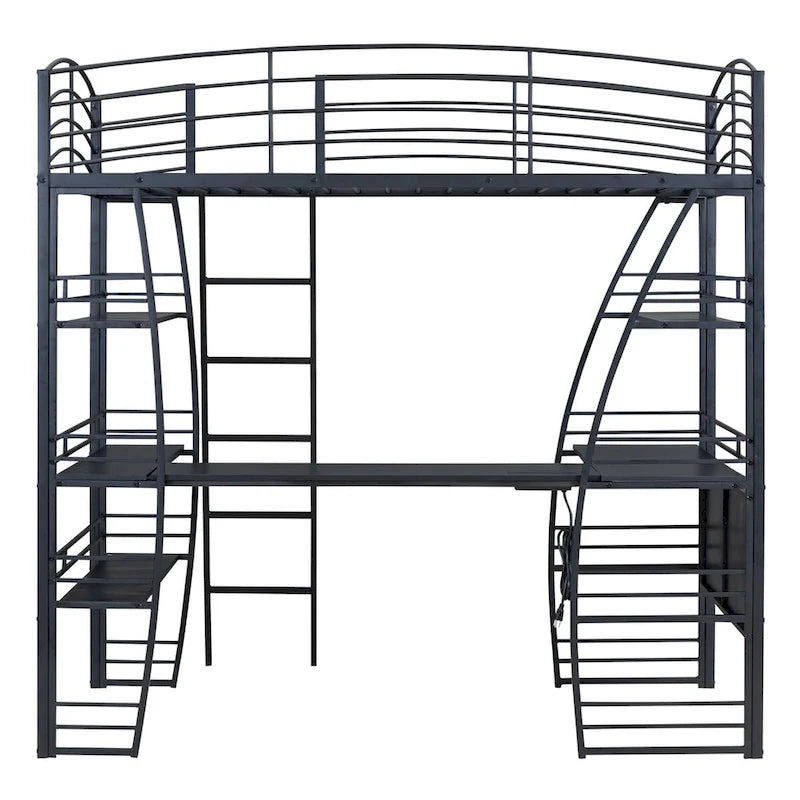 Twin Size Loft Bed with 4 Layers of Shelves and L-shaped Desk, with a set of Sockets, USB Ports and and Wireless Charging