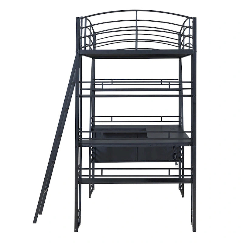 Twin Size Loft Bed with 4 Layers of Shelves and L-shaped Desk, with a set of Sockets, USB Ports and and Wireless Charging