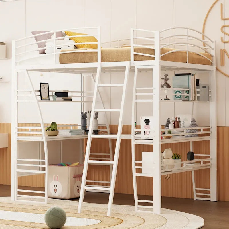 Twin Size Loft Bed with 4 Layers of Shelves and L-shaped Desk, with a set of Sockets, USB Ports and and Wireless Charging
