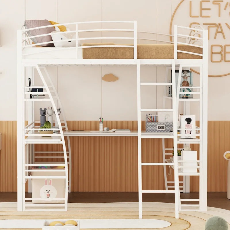 Twin Size Loft Bed with 4 Layers of Shelves and L-shaped Desk, with a set of Sockets, USB Ports and and Wireless Charging