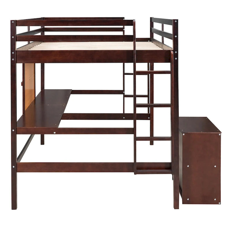 Full Size Wooden Loft Bed with Desk and Writing Board & 2 Drawers Cabinet