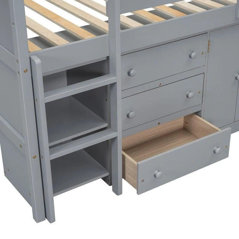 Twin Size Low Loft Bed With Pull-Out Desk, Drawers, Cabinet, and Shelves