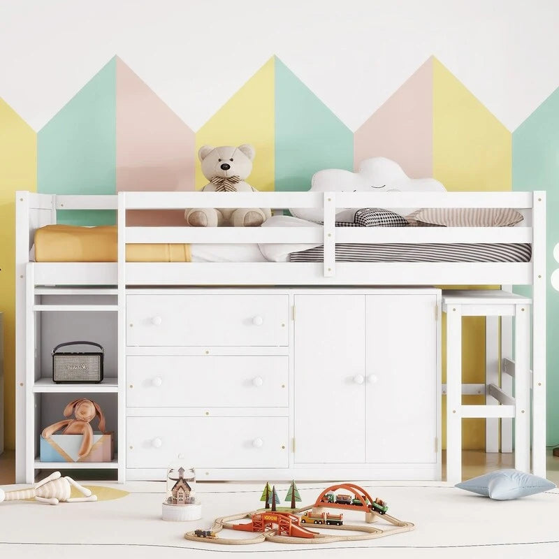 Twin Size Low Loft Bed With Pull-Out Desk, Drawers, Cabinet, and Shelves