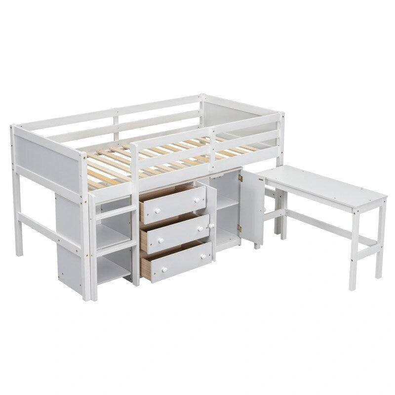 Twin Size Low Loft Bed With Pull-Out Desk, Drawers, Cabinet, and Shelves