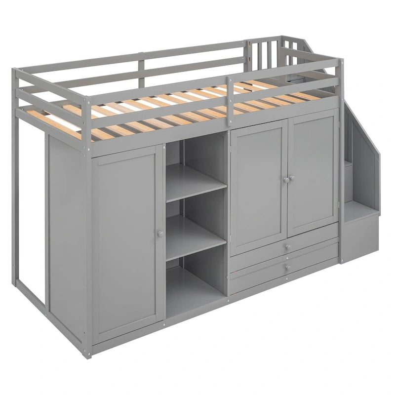 Twin Size Loft Bed with 3 Shelves, 2 Wardrobes and 2 Drawers, Ladder with Storage, No Box Spring