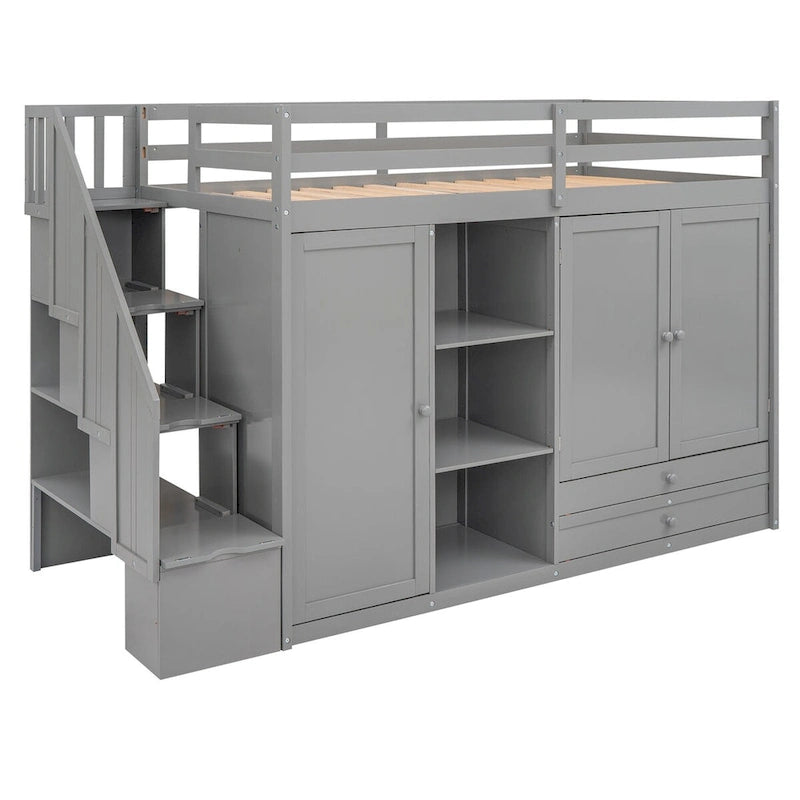 Twin Size Loft Bed with 3 Shelves, 2 Wardrobes and 2 Drawers, Ladder with Storage, No Box Spring