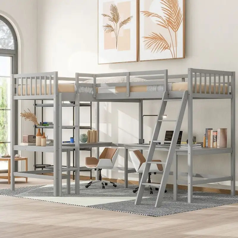Wood Twin Size L-Shaped Loft Bed with Ladder and 2 Built-in L-Shaped Desks
