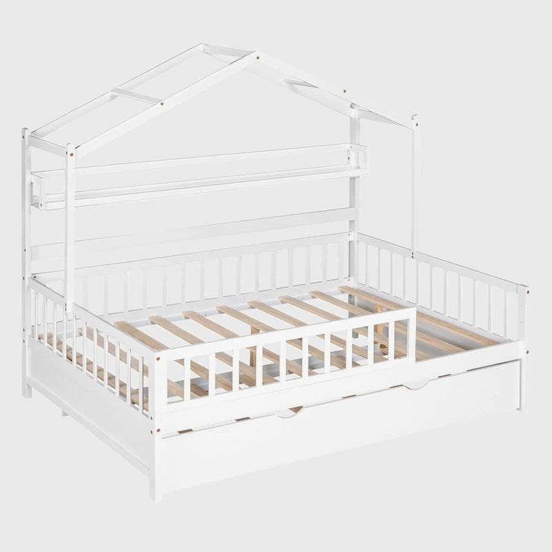 Wooden Full Size House Bed with Twin Size Trundle