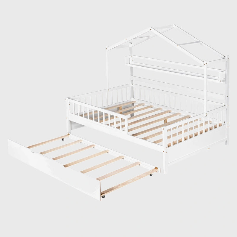 Wooden Full Size House Bed with Twin Size Trundle