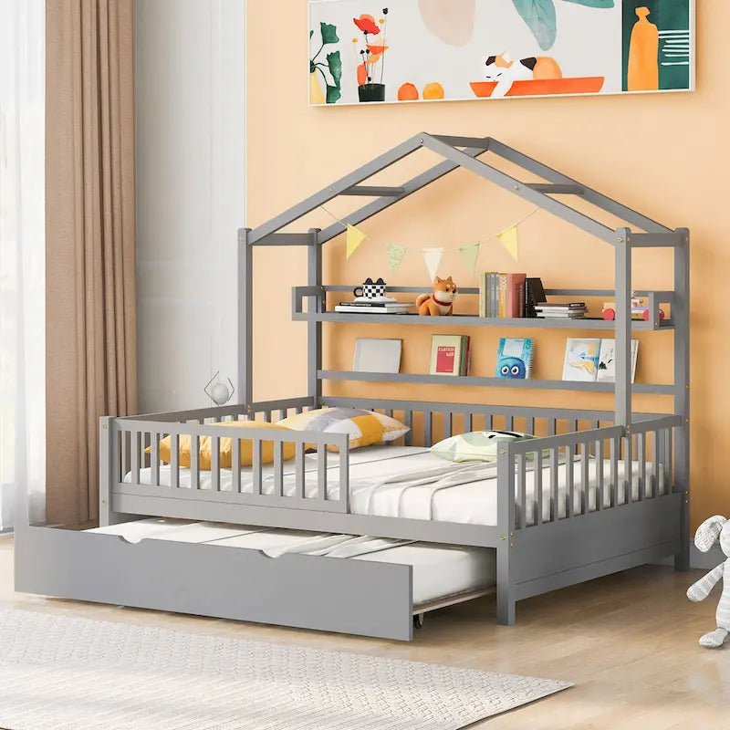Wooden Full Size House Bed with Twin Size Trundle