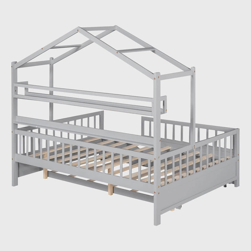 Wooden Full Size House Bed with Twin Size Trundle