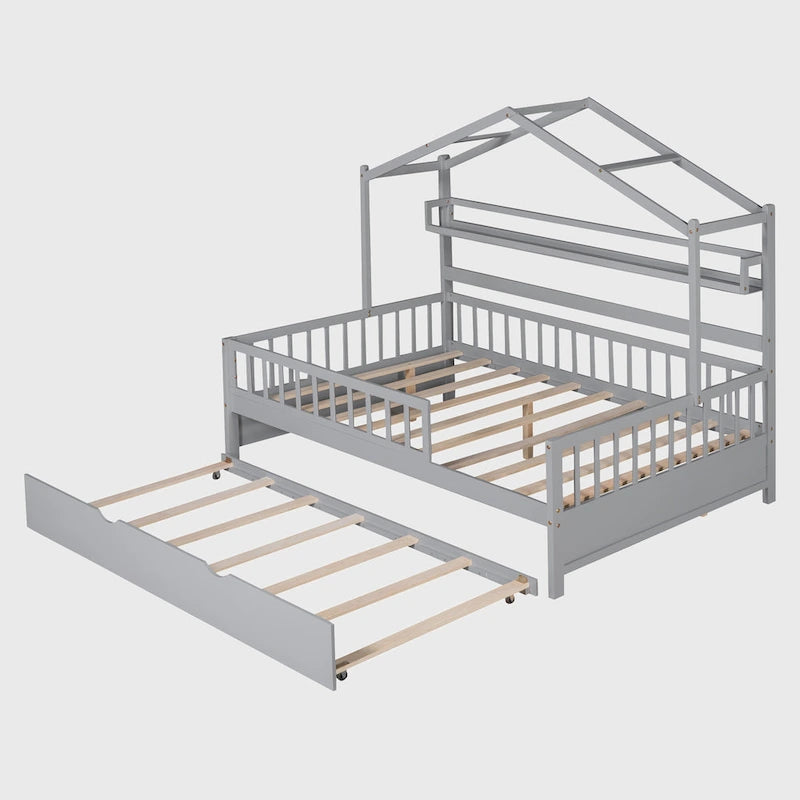 Wooden Full Size House Bed with Twin Size Trundle