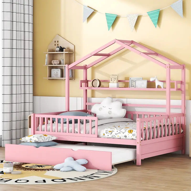 Wooden Full Size House Bed with Twin Size Trundle
