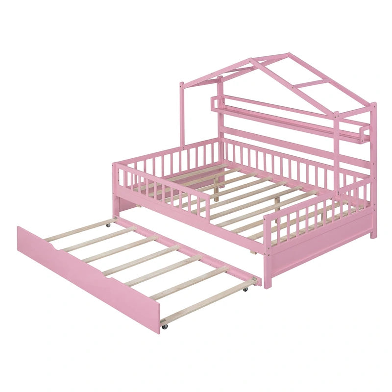 Wooden Full Size House Bed with Twin Size Trundle