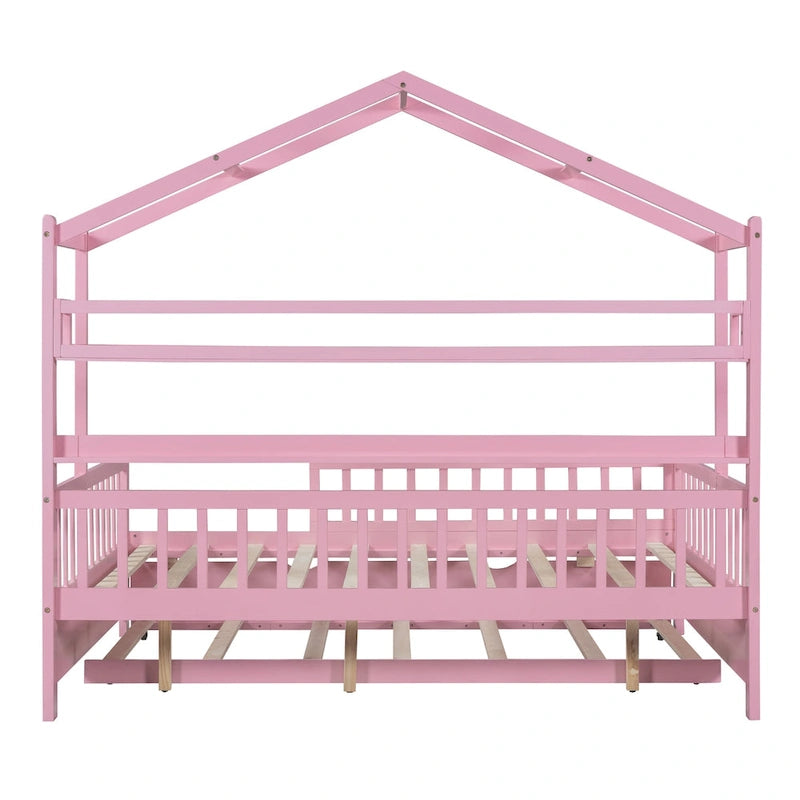 Wooden Full Size House Bed with Twin Size Trundle