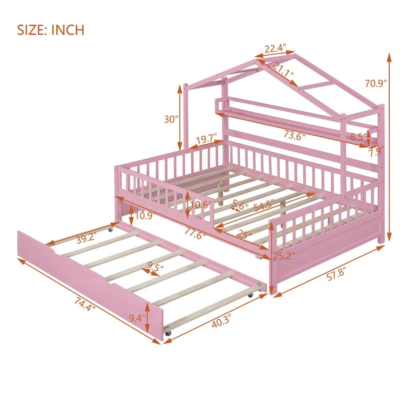 Wooden Full Size House Bed with Twin Size Trundle