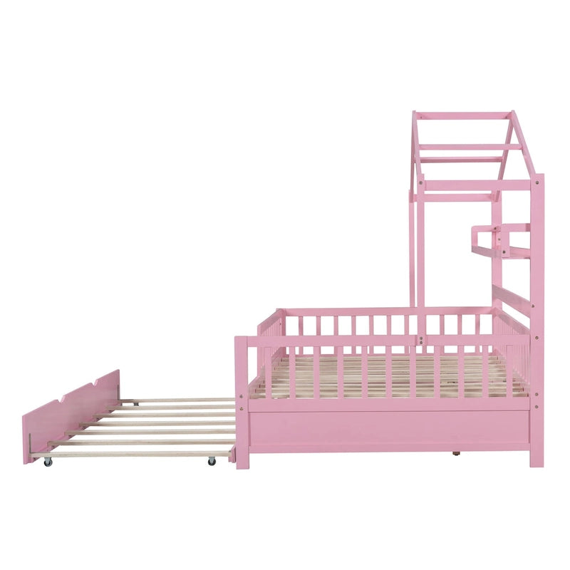 Wooden Full Size House Bed with Twin Size Trundle