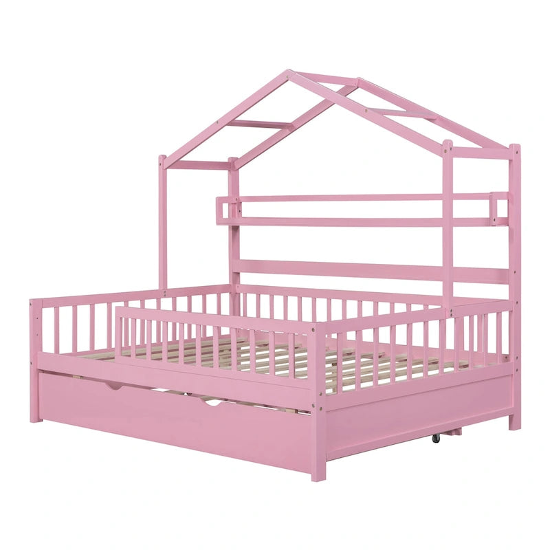 Wooden Full Size House Bed with Twin Size Trundle