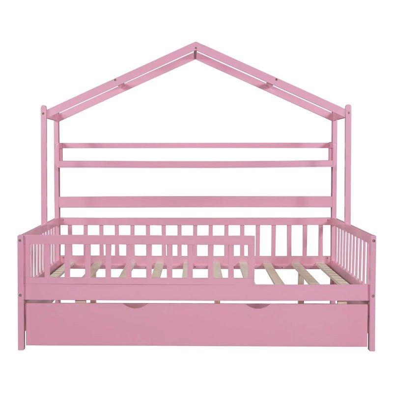 Wooden Full Size House Bed with Twin Size Trundle