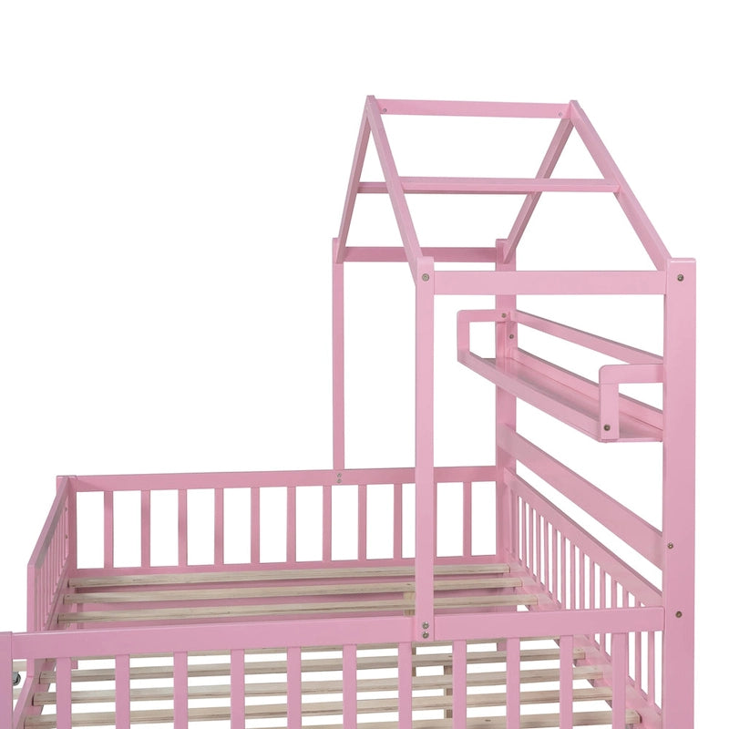 Wooden Full Size House Bed with Twin Size Trundle