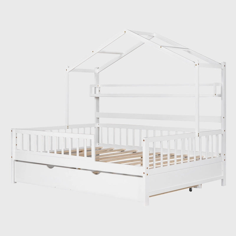 Wooden Full Size House Bed with Twin Size Trundle