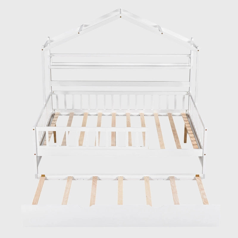 Wooden Full Size House Bed with Twin Size Trundle