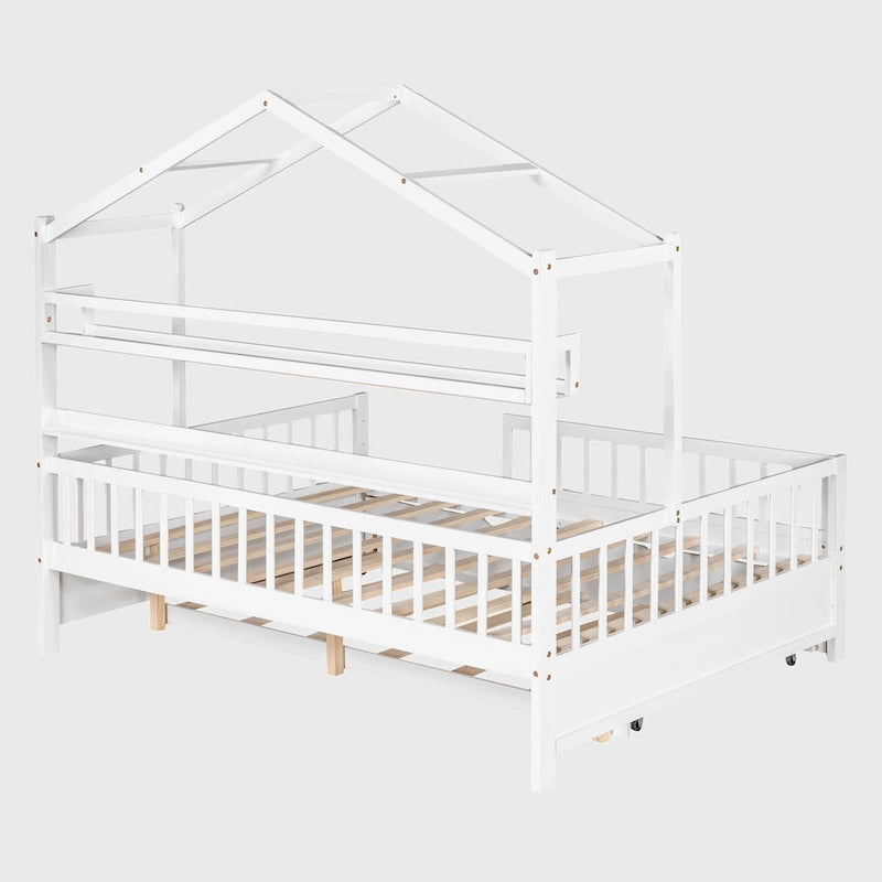 Wooden Full Size House Bed with Twin Size Trundle
