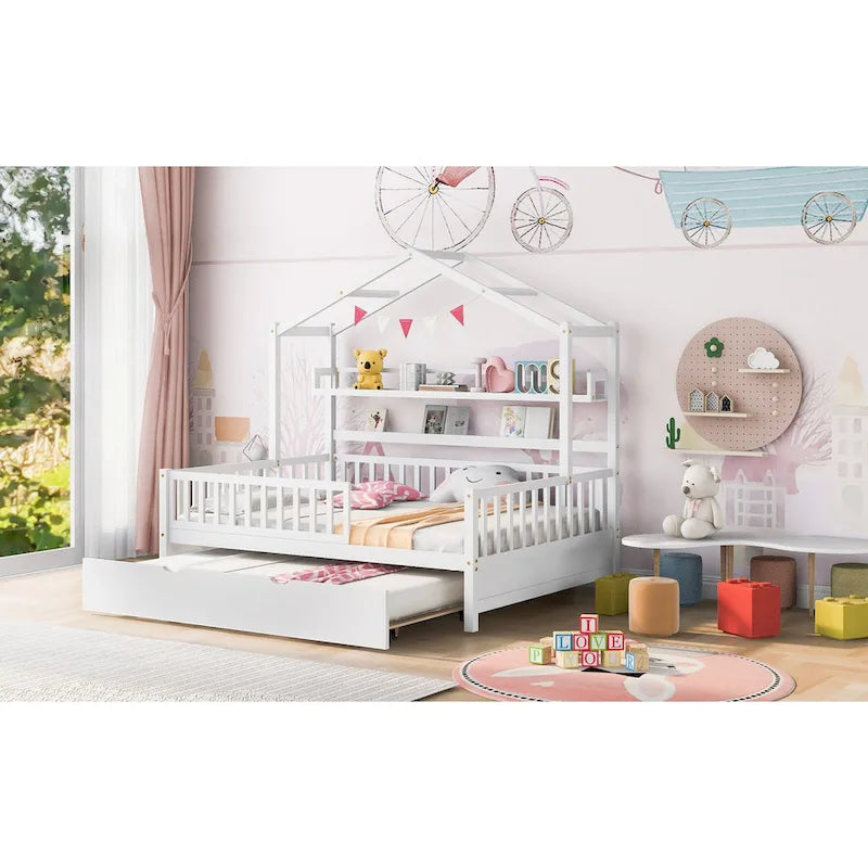 Wooden Full Size House Bed with Twin Size Trundle
