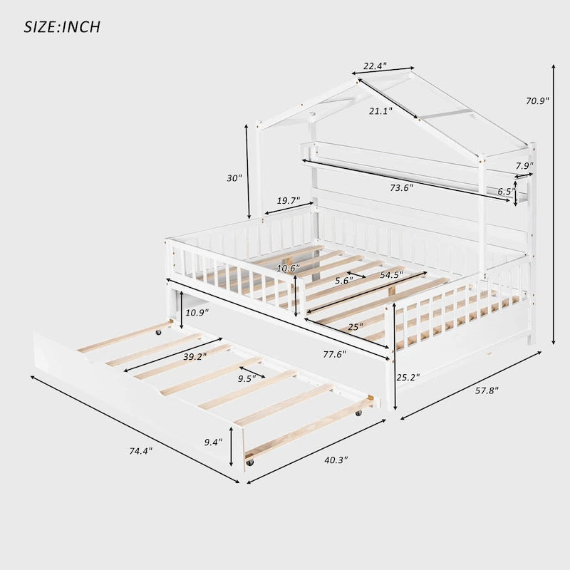 Wooden Full Size House Bed with Twin Size Trundle