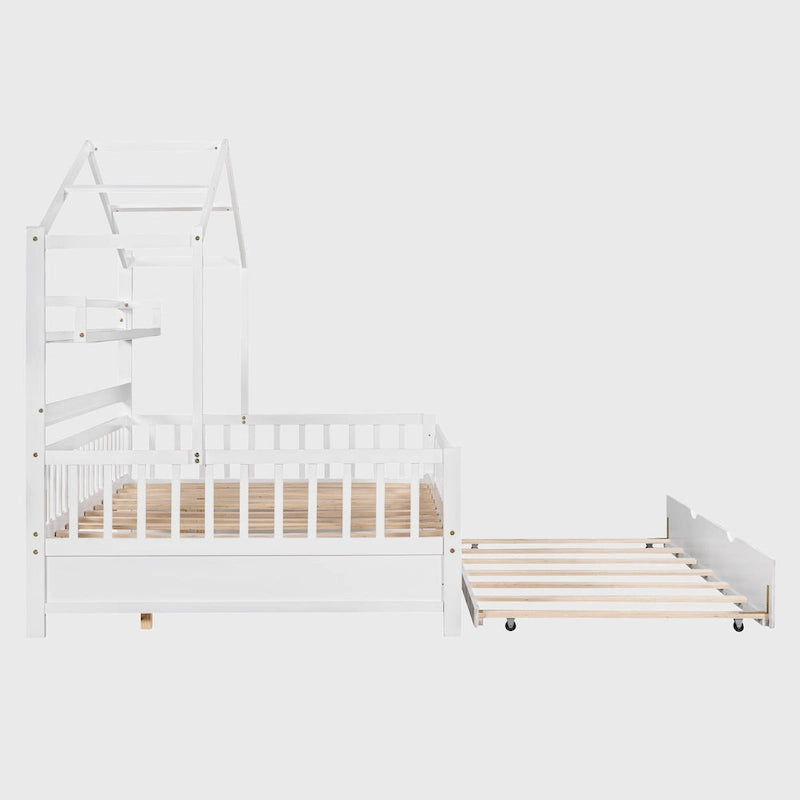 Wooden Full Size House Bed with Twin Size Trundle