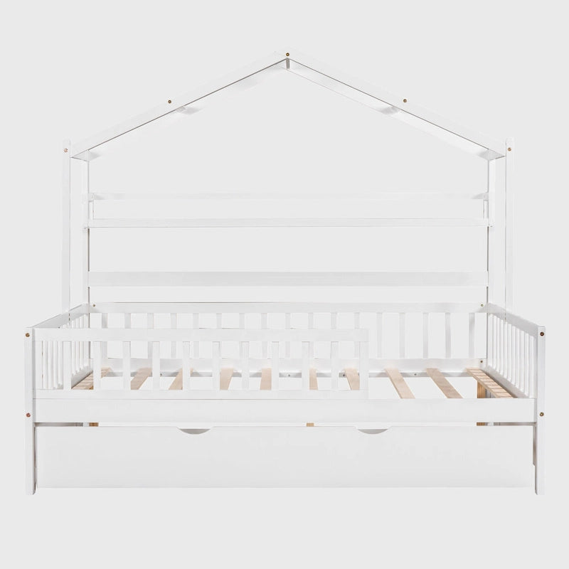 Wooden Full Size House Bed with Twin Size Trundle