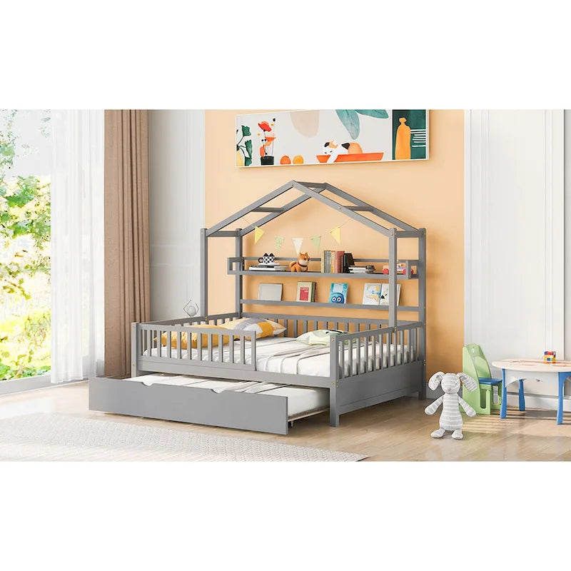 Wooden Full Size House Bed with Twin Size Trundle