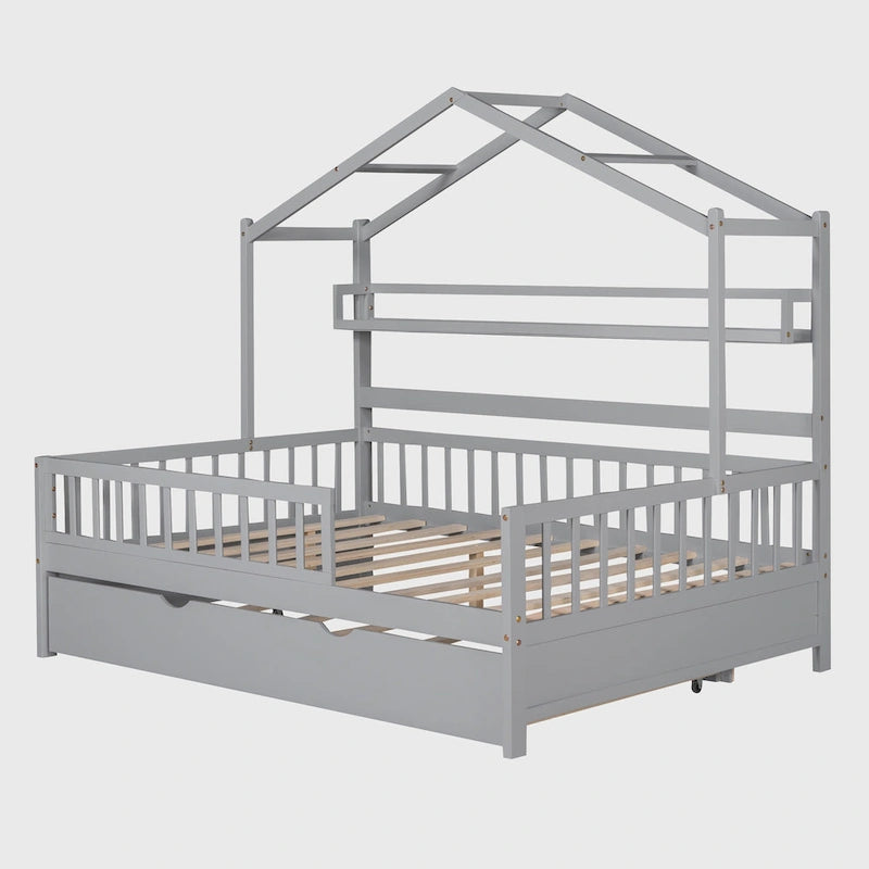 Wooden Full Size House Bed with Twin Size Trundle