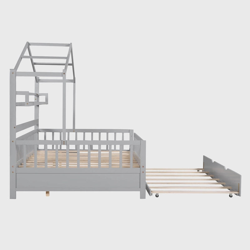 Wooden Full Size House Bed with Twin Size Trundle