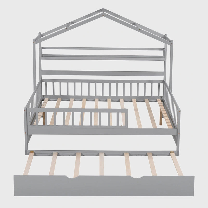 Wooden Full Size House Bed with Twin Size Trundle